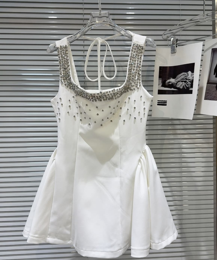 Cute A Line Strap Rhinestone White Satin Short Homecoming Dress Cocktail Dress SH3118
