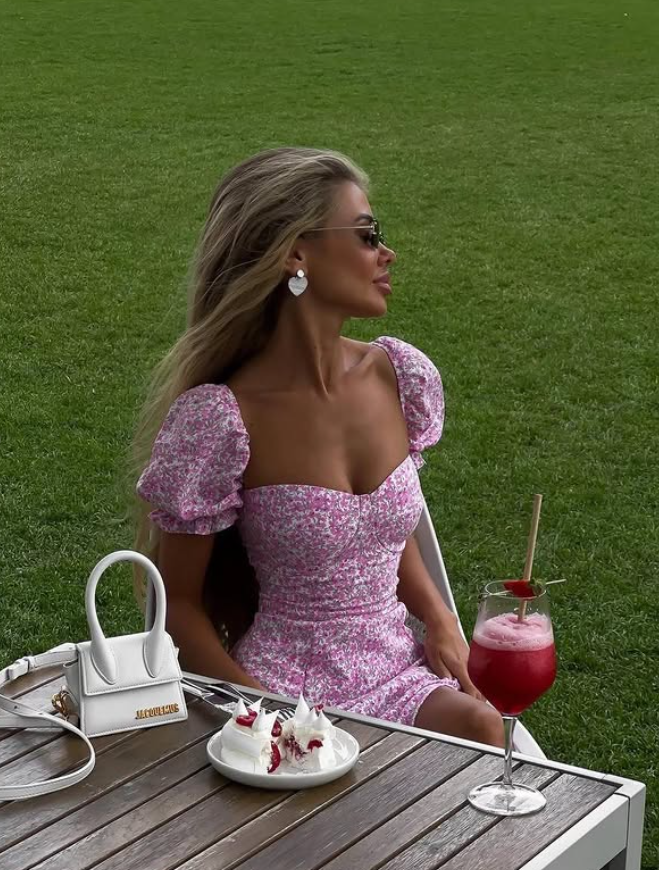 Romantic A Line Off the Shoulder Pink Print Floral Satin Vacation Dress Outfits with Slit SH4360
