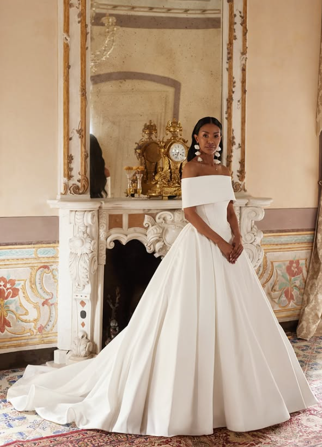 Simple A Line Off the Shoulder White Satin Wedding Dress SH6023