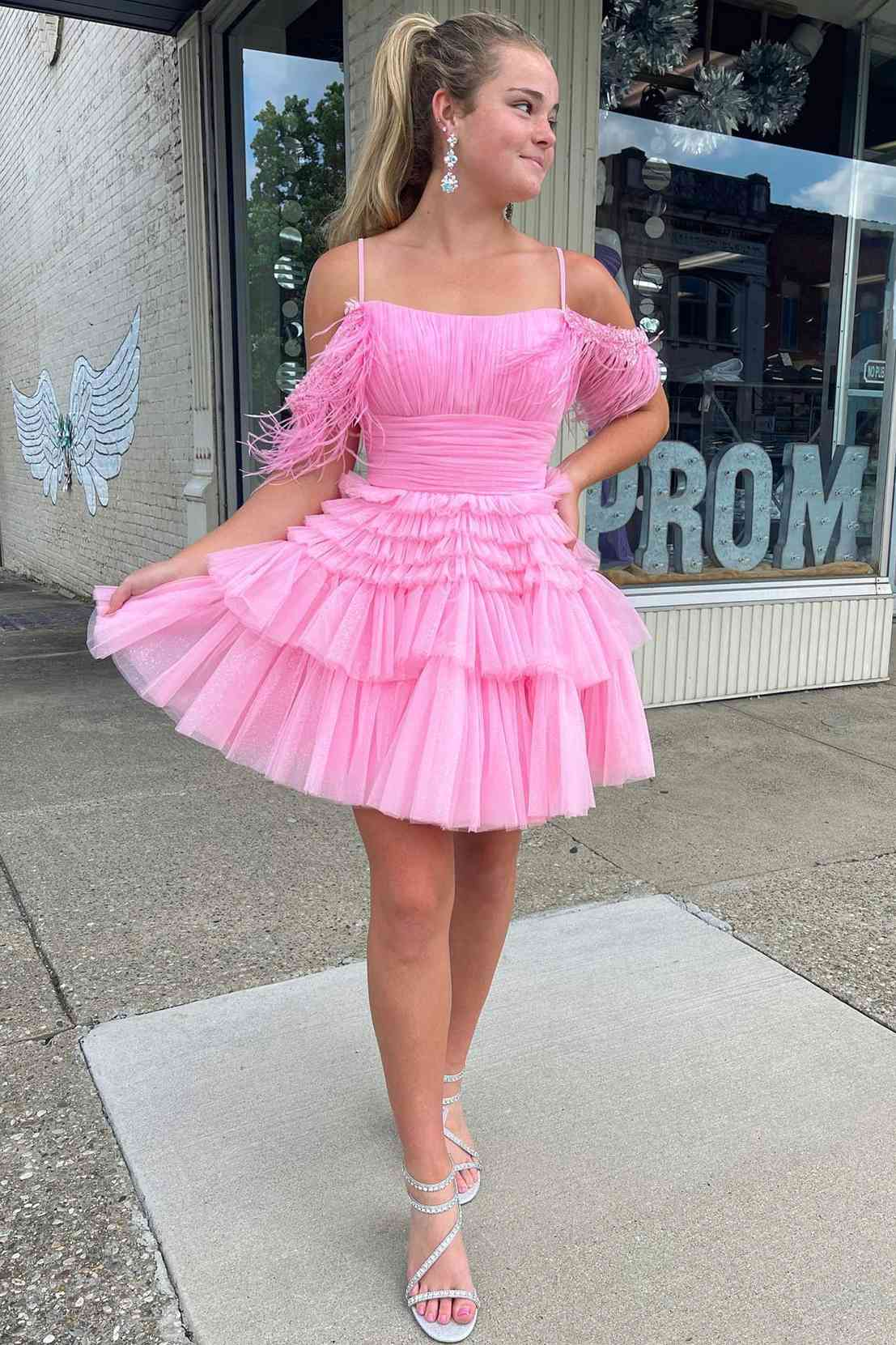 Off The Shoulder Pleated Tiered Tulle Party Dress,Pretty Homecoming Dress SH641