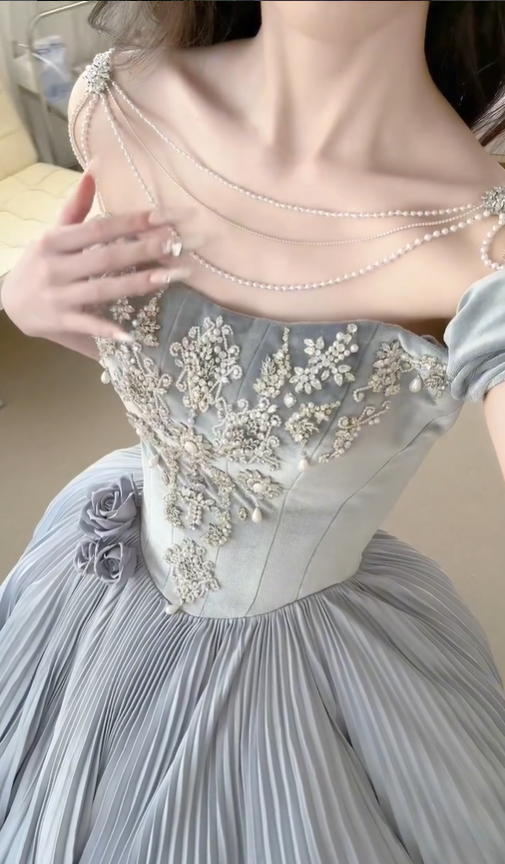 Grey A Line Off the Shoulder Exquisite Beaded Velvet Satin Long Prom Dress SH5034