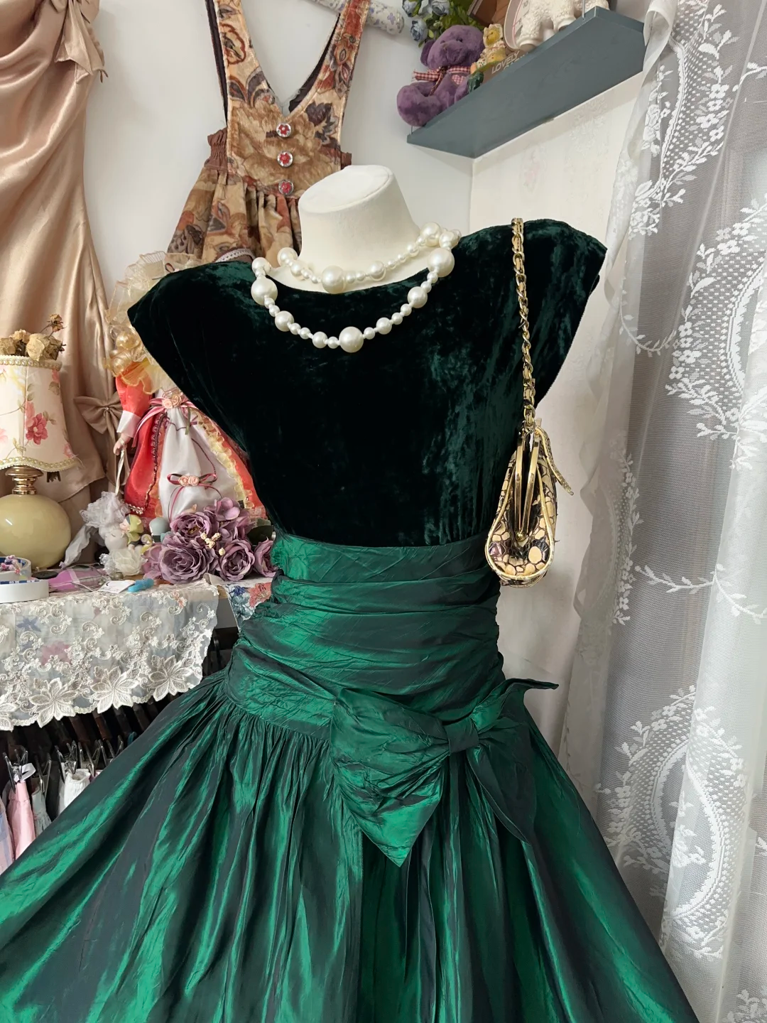 Vintage Hunter Green A Line Round Neck Velvet Satin Short Prom Dress SH5247