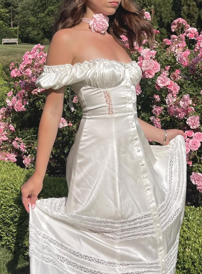 Simple A Line Off the Shoulder White Lace Satin Prom Dress Evening Dress SH4876