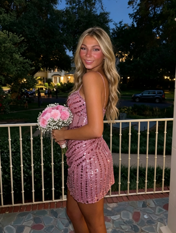 Sparkly Sheath Sweetheart Pink Short Homecoming Dress with Beading SH7458
