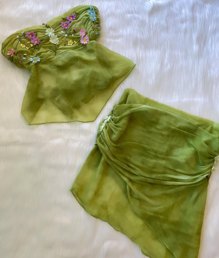Fairy Two Piece Strapless 3D Floral Green Chiffon Short Party Dress Homecoming Dress SH2001