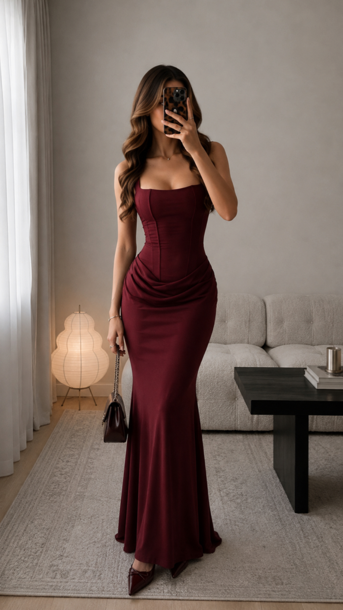 Dark Burgundy Mermaid Strap Corset Satin Long Prom Dress Evening Dress SH7604