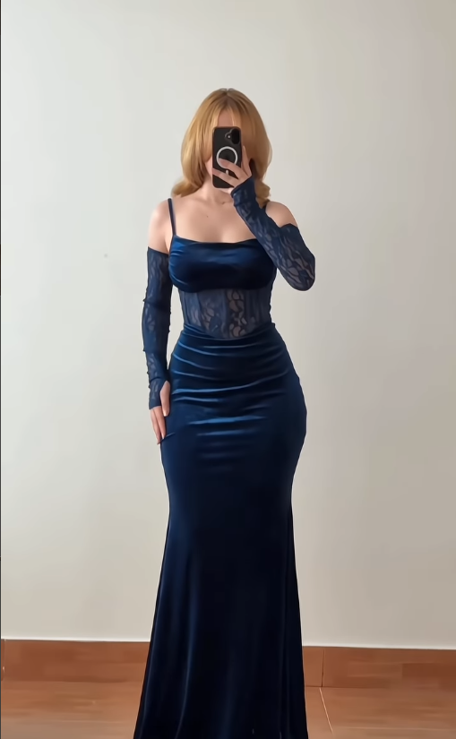 Sexy Dark Blue Sheath Spaghetti Strap Lace Velvet Prom Dress Evening Dress SH6875