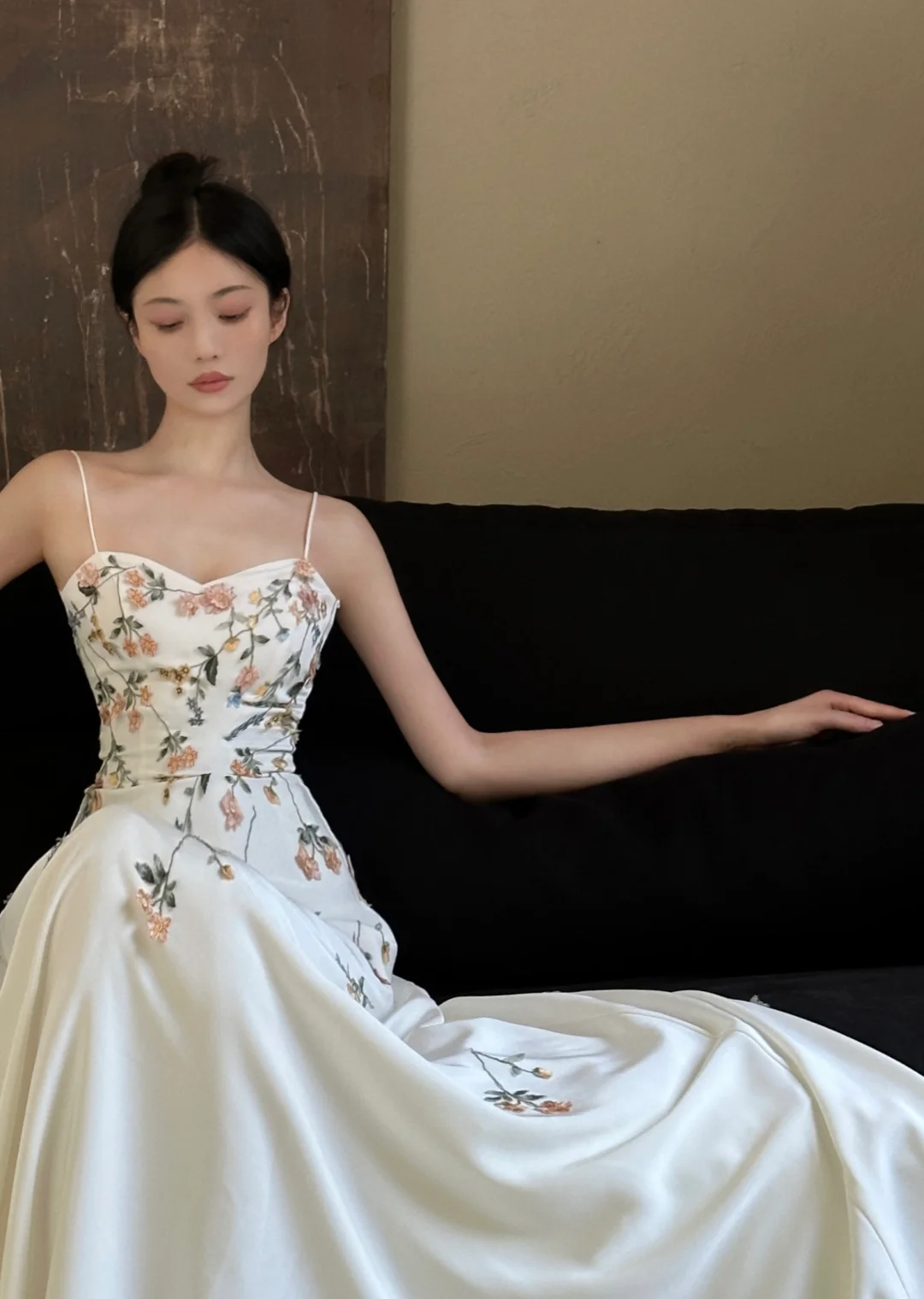 Elegant Floral A Line Spaghetti Strap White Satin Long Prom Dress Formal Dress 16th Birthday Dress SH3961