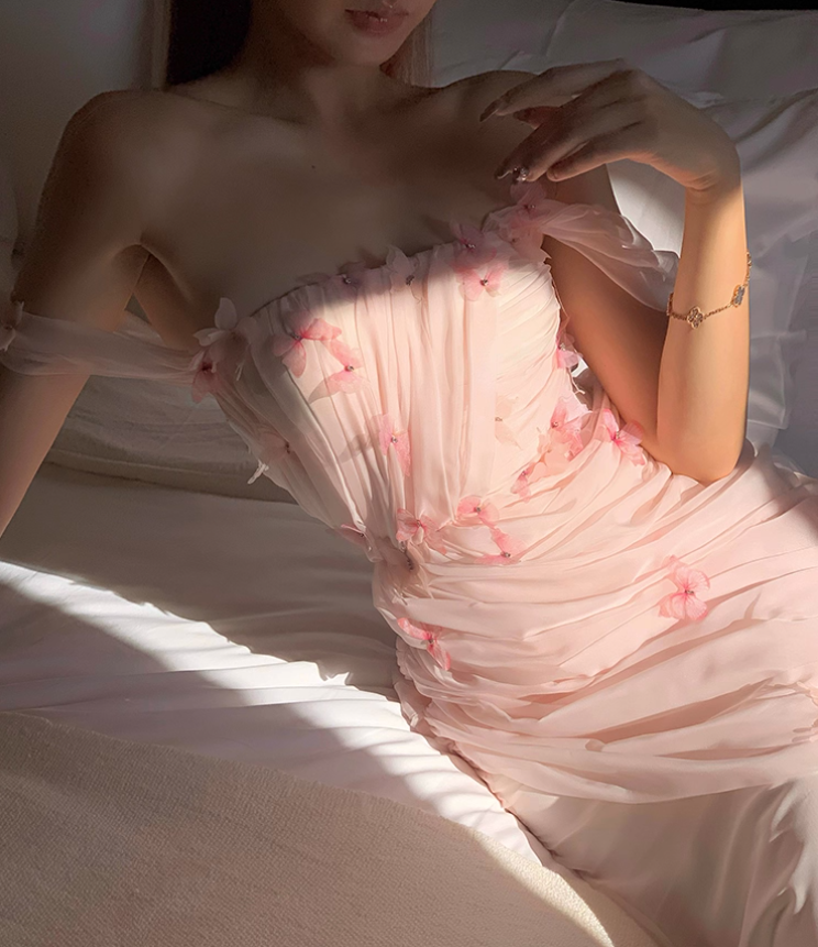 Light Pink Mermaid Off the Shoulder Butterfly Tulle Long Prom Dress Party Dress SH4037