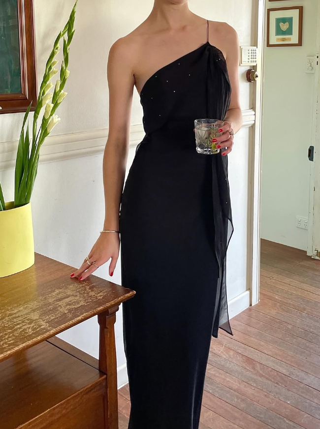 Sexy Sheath Spaghetti Strap Beaded Black Chiffon Long Prom Dress Prom Dress SH2650
