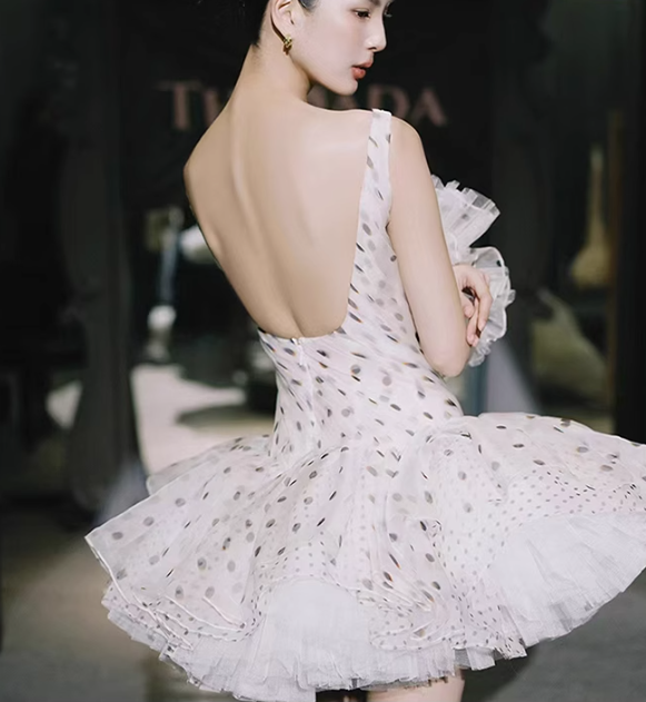 Polka Dot A Line Straps Pleated Chiffon Tulle Short Homecoming Dress Cocktail Dress SH3382