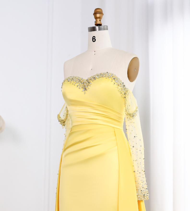 Elegant A Line Sweetheart Neck Long Sleeve Rhinestone Satin Long Prom Evening Dress SH2390
