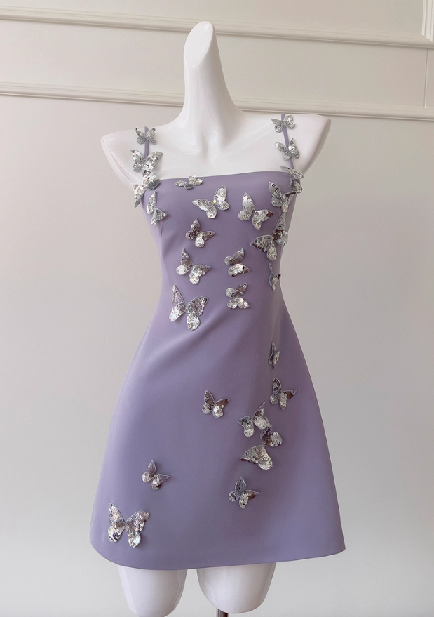 Purple A Line Spaghetti Strap Silver Sequin Butterfly Satin Homecoming Dress SH4501