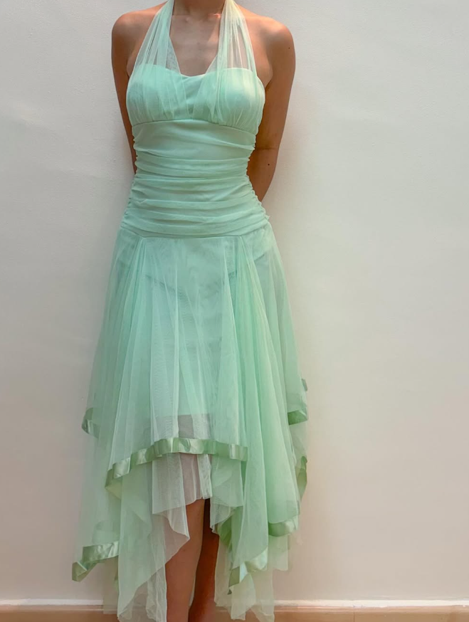 Vintage A Line Halter V Neck Ruffle Green Tulle Short Homecoming Dress Evening Dress SH369