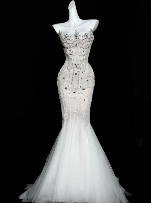 Charming Mermaid Strapless Rhinestone White Tulle Long Prom Dress SH3244