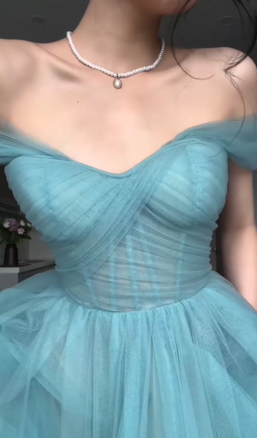 Blue A Line Off the Shoulder Tulle Prom Dress Wedding Guest Dress SH4744