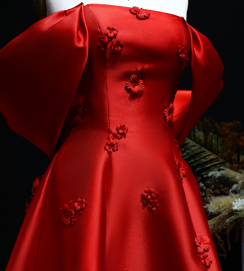 Elegant A Line Off the Shoulder 3D Flower Red Satin Prom Dress Evening Dress SH2378
