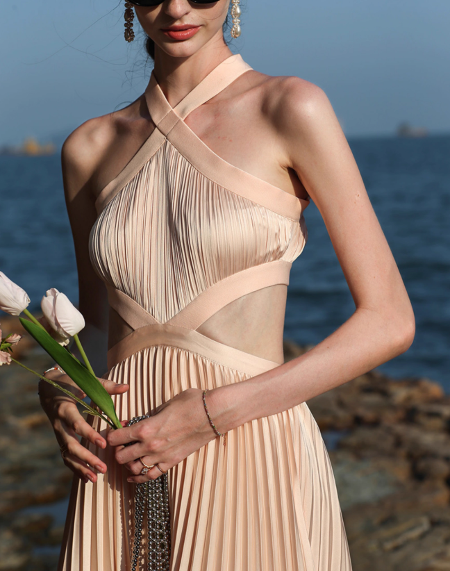 Elegant A Line Halter Pleated Satin Open Back Prom Dress Vacation Dress SH3992
