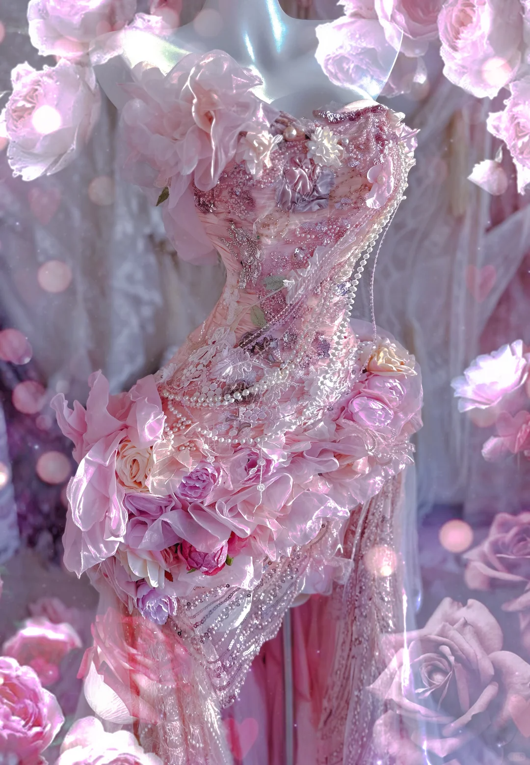 Pink Exquisite Mermaid Sweetheart Neck Floral Beaded Tulle Prom Dress 16th Birthday Dress SH4264