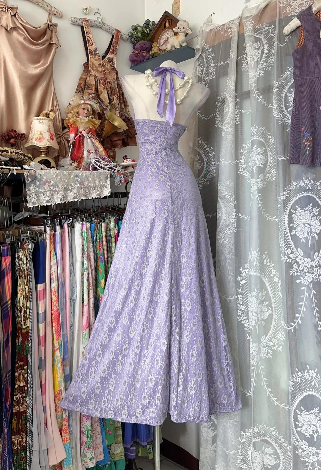 Lilac Vintage A Line Halter Lace Satin Open Back Long Prom Dress SH5239