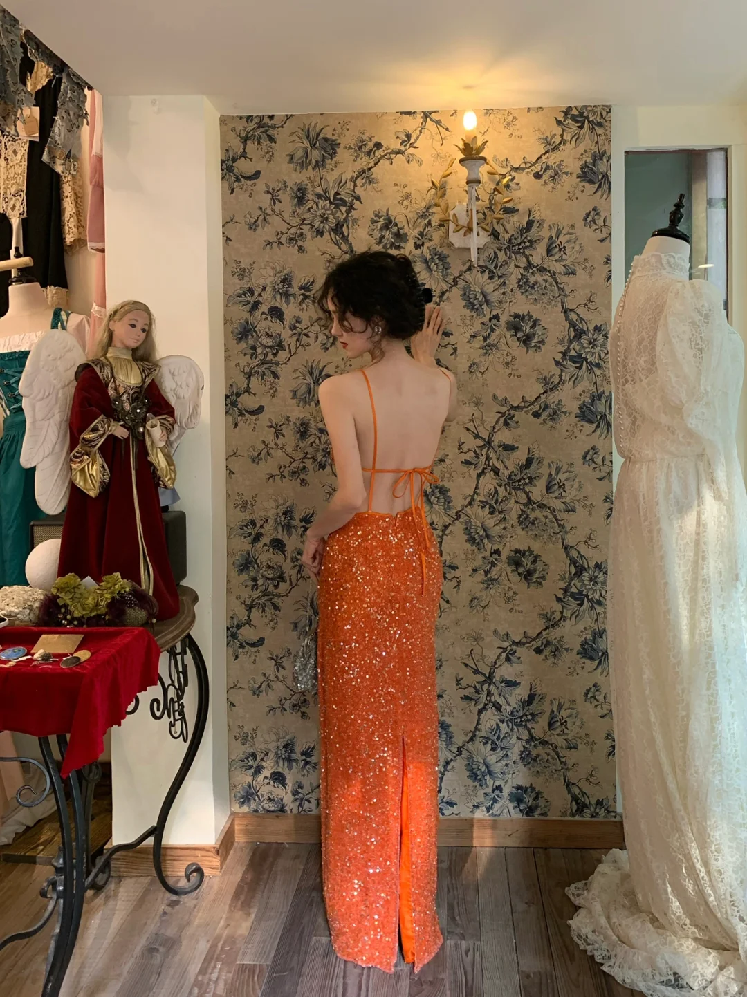 Vintage Orange Sheath Spaghetti Strap Beaded Chiffon Prom Dress 16th Birthday Dress SH4404
