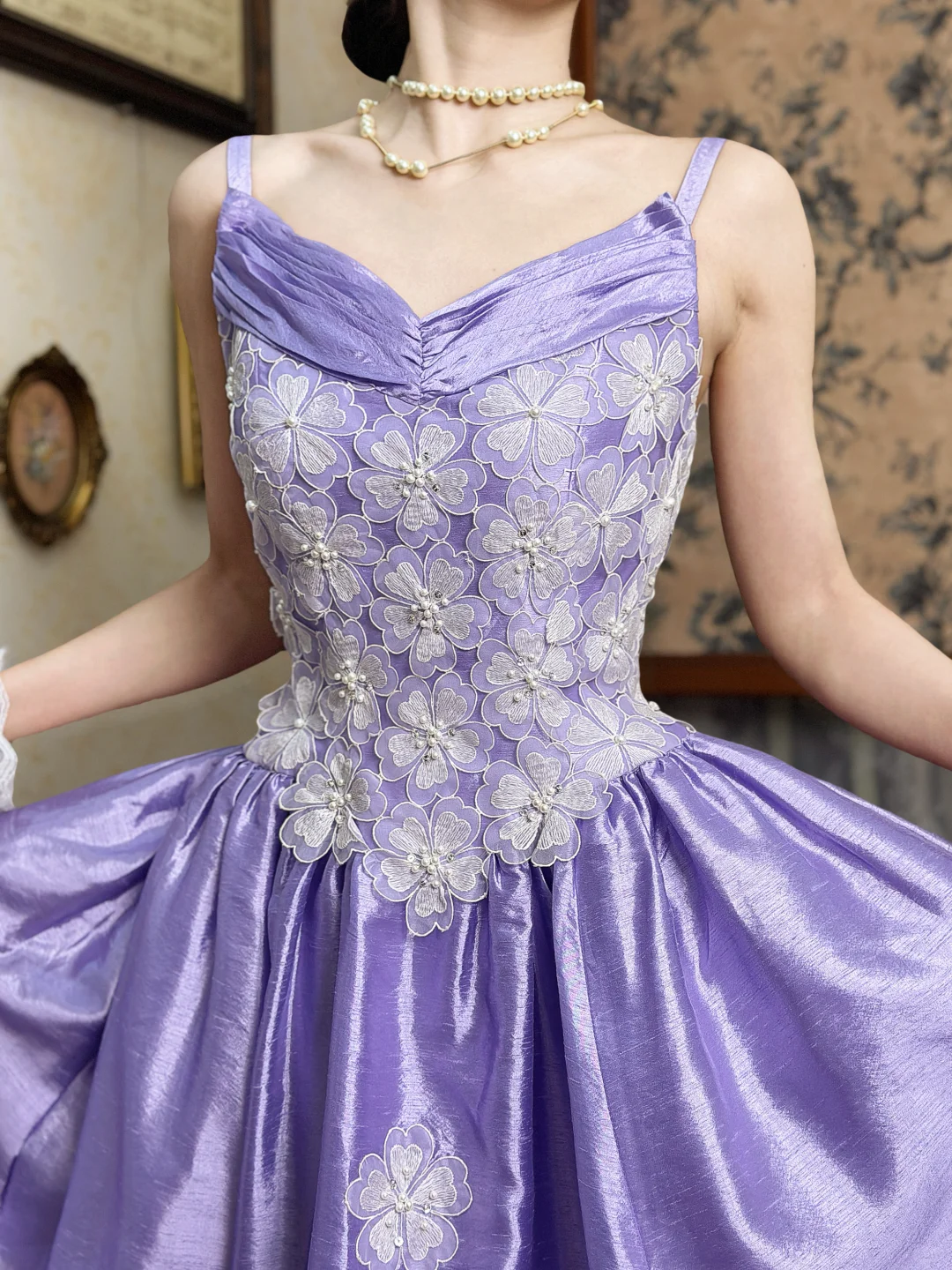 Vintage Purple Ball Gown Straps Appliques Satin Prom Dress Graduation Prom Dress SH5272