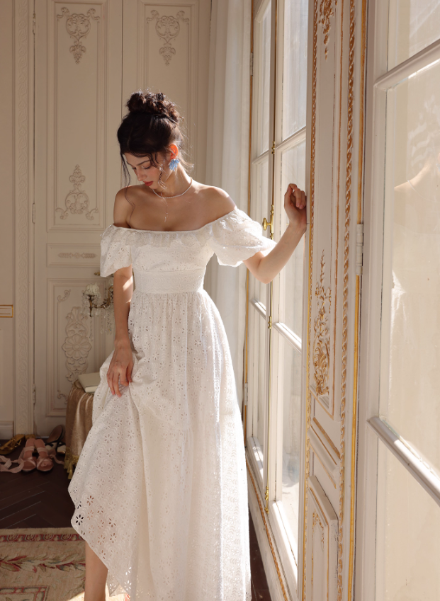 Princess A Line Puff White Lace Prom Dress Party Dress SH4171