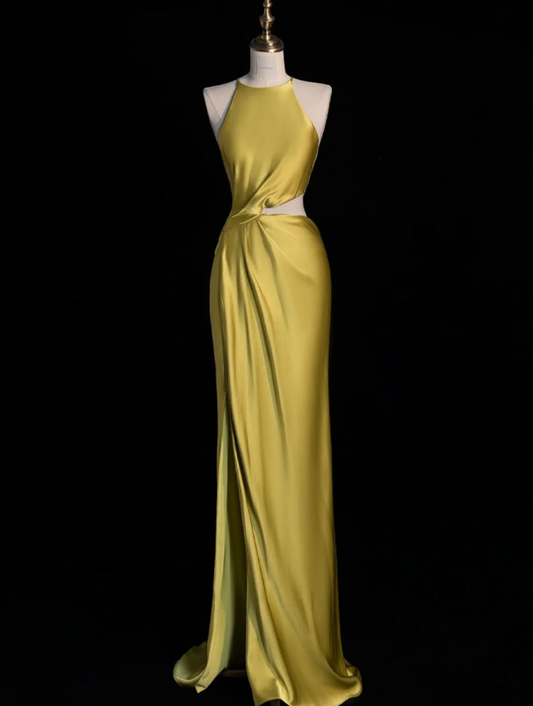 Yellow Sheath Halter Satin Open Back Prom Dress Graduation Prom Dress with Slit SH2493