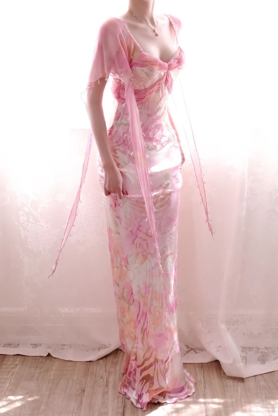 Gentle Pink Vintage Sheath Straps Print Floral Chiffon Long Prom Dress Wedding Guest Dress SH5502