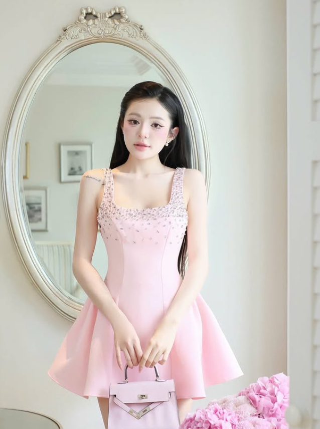 Pink A Line Strap Rhinestone Satin Short Homecoming Dress SH4783