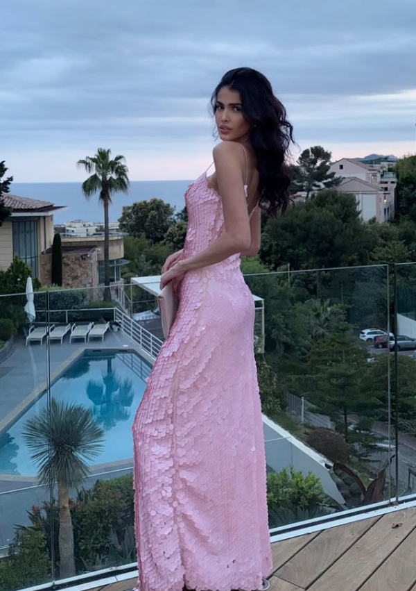 Stunning Pink Sheath Spaghetti Strap Sequin Party Dress Wedding Guest Dress Prom Dress SH3902