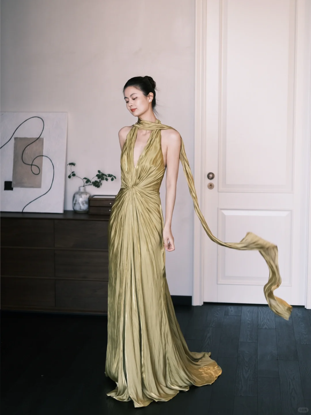 Simple Olive Green A Line V Neck Pleated Satin Prom Dress Party Dresses SH4587