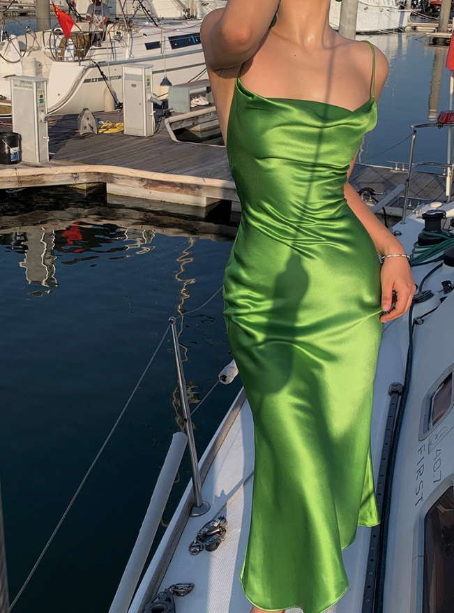 Simple Green Sheath Spaghetti Strap Satin Open Back Prom Dress Party Dress SH4027
