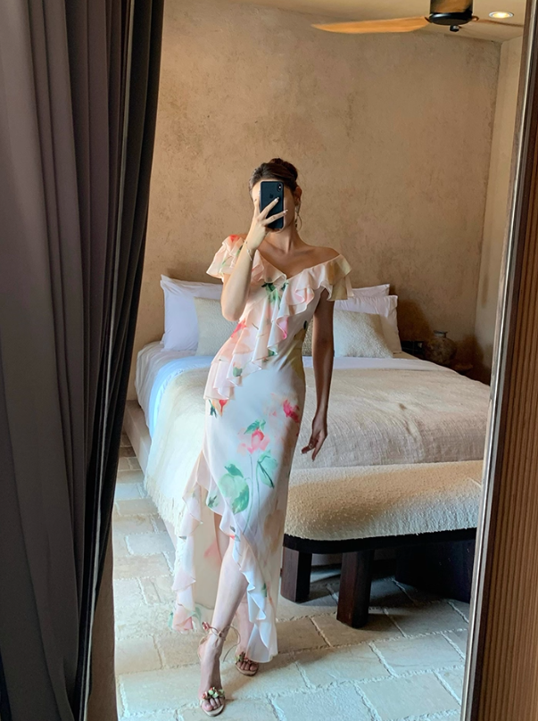 Light Pink Mermaid V Neck Print Floral Ruffle Chiffon Summer Dress Party Dress Outfits with Slit SH4174