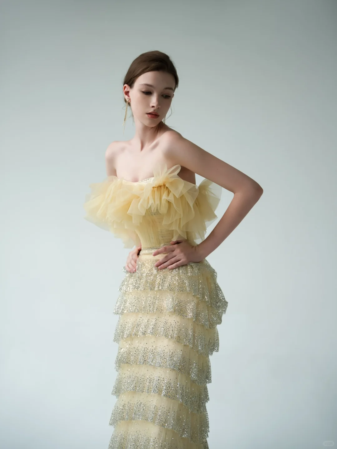 Yellow Sheath Strapless Layered Tulle Sequin Party Dress Prom Dress Formal Gown SH4309
