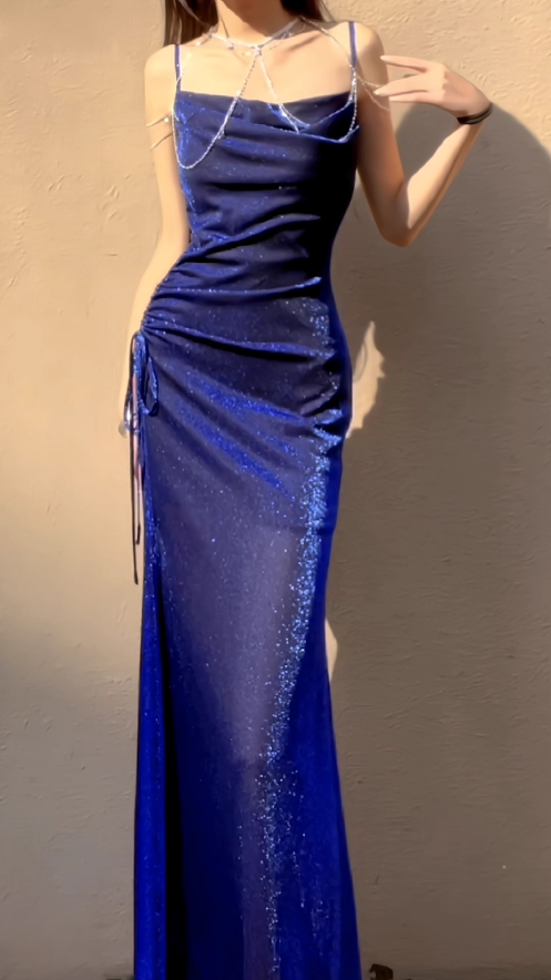 Royal Blue Stunning Sheath Spaghetti Strap Tulle Prom Dress Evening Dress SH4081