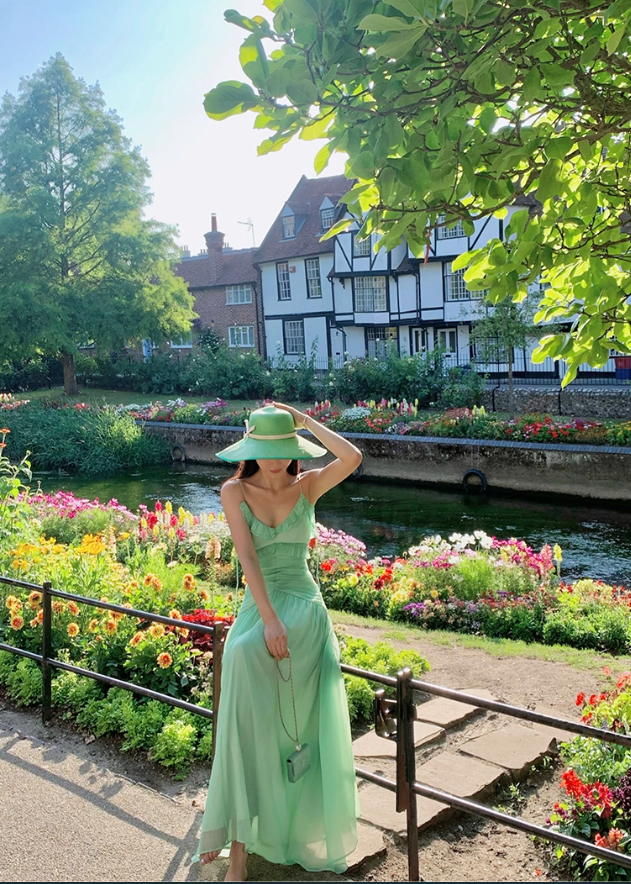 Charming Green A Line Spaghetti Strap Ruffle Chiffon Long Prom Dress Party Dress SH4032
