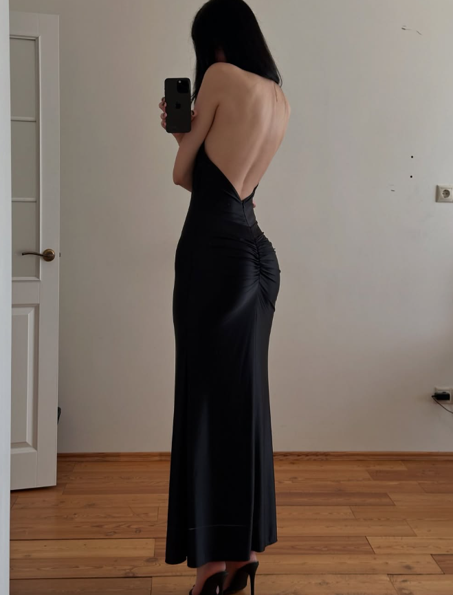 Elegant Simple Black Mermaid Halter Satin Evening Dress Party Dress Formal Dress SH3953