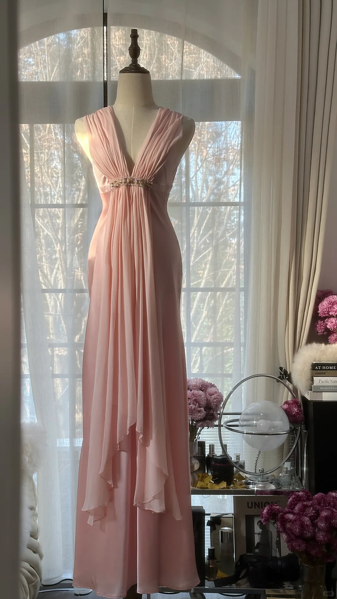 Classy A Line V Neck Beaded Pink Chiffon Satin Long Party Dress Evening Dress SH2937