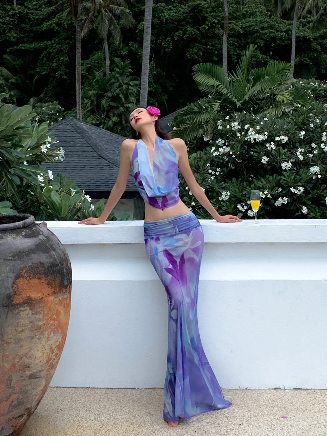 Two Piece Mermaid Halter Purple Print Floral Chiffon Long Prom Dress Outfits SH4332