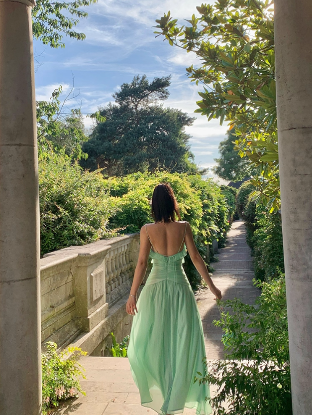 Charming Green A Line Spaghetti Strap Ruffle Chiffon Long Prom Dress Party Dress SH4032
