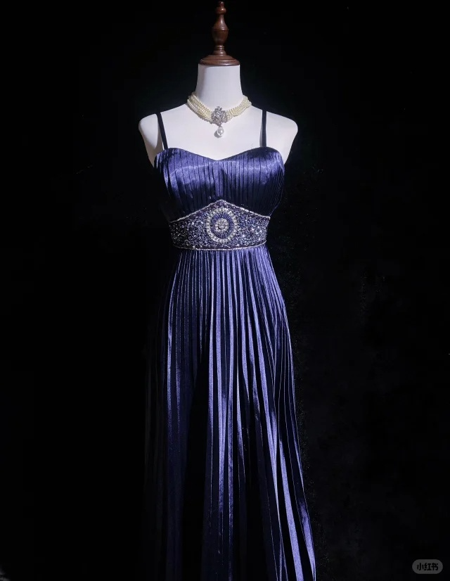 Retro A Line Spaghetti Strap Pleated Beaded Purple Satin Prom Dress Evening Dress SH3327