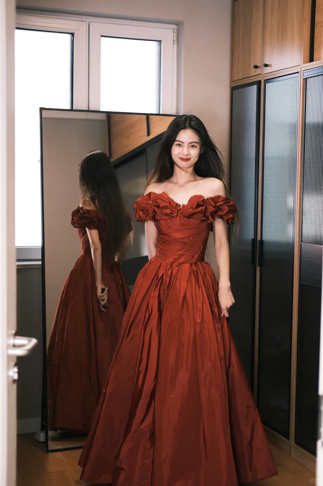 Romantic Burgundy A Line Off the Shoulder Pleated Satin Evening Dress Party Dress SH3479