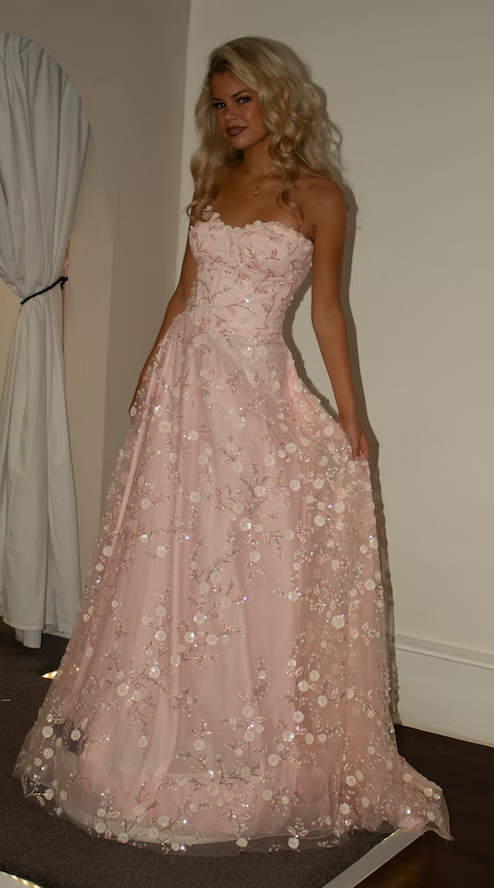 Sweety Pink A Line Strapless Shiny Beaded Tulle Long Prom Dress Evening Dress SH8825