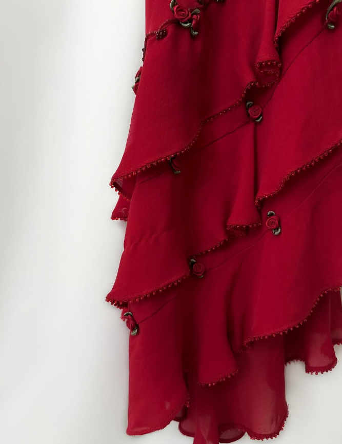 Vintage Burgundy Floral Beaded Ruffles Chiffon Prom Dress Evening Party Gowns SH3536