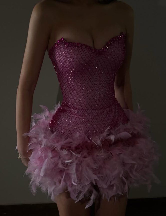 Sexy Pink Strapless Beaded Tulle Feather Short Prom Dress SH4568