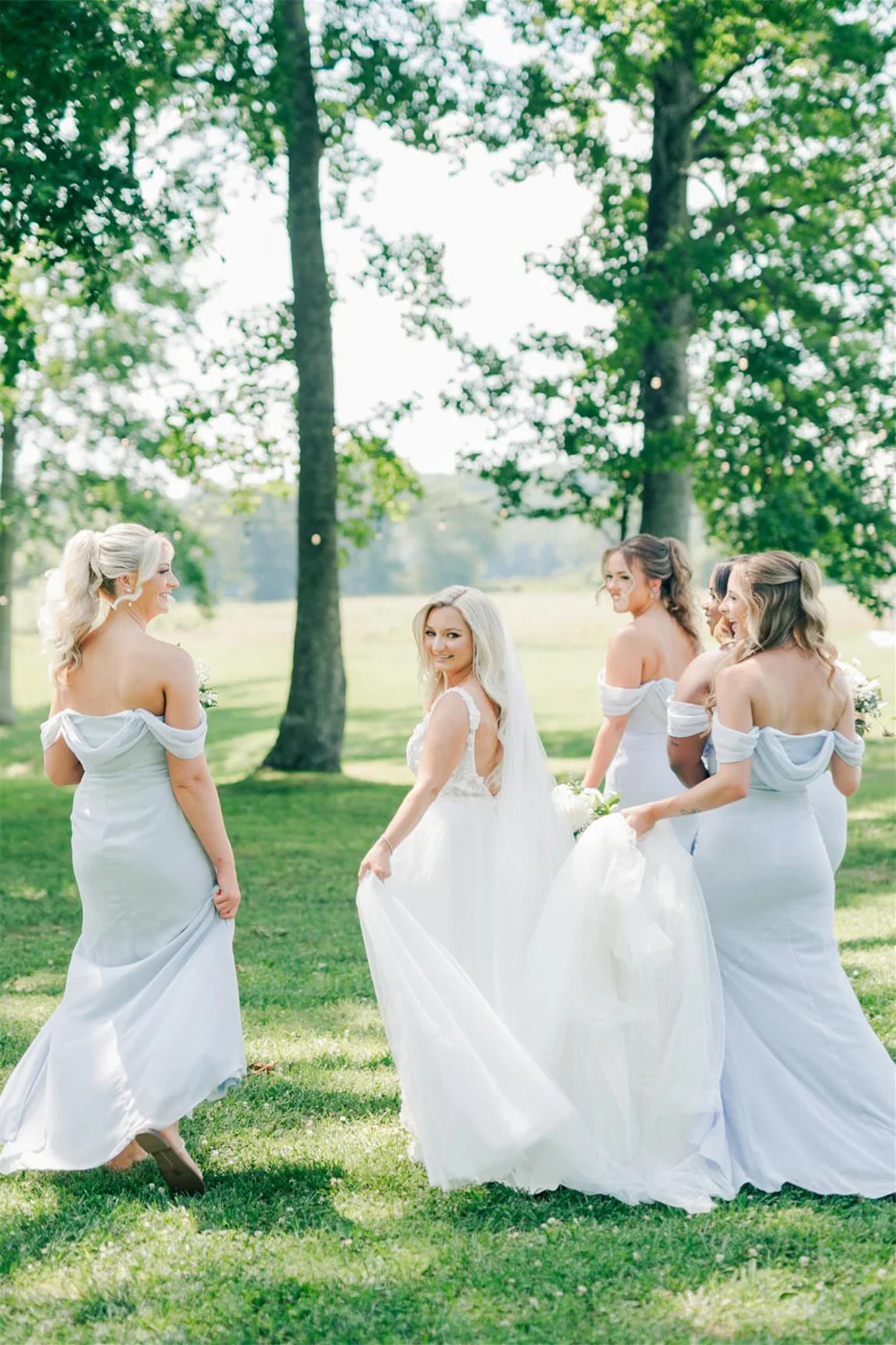 Gentle Mermaid Off the Shoulder Ice Blue Cowl Neck Bridesmaid Dress SH6571