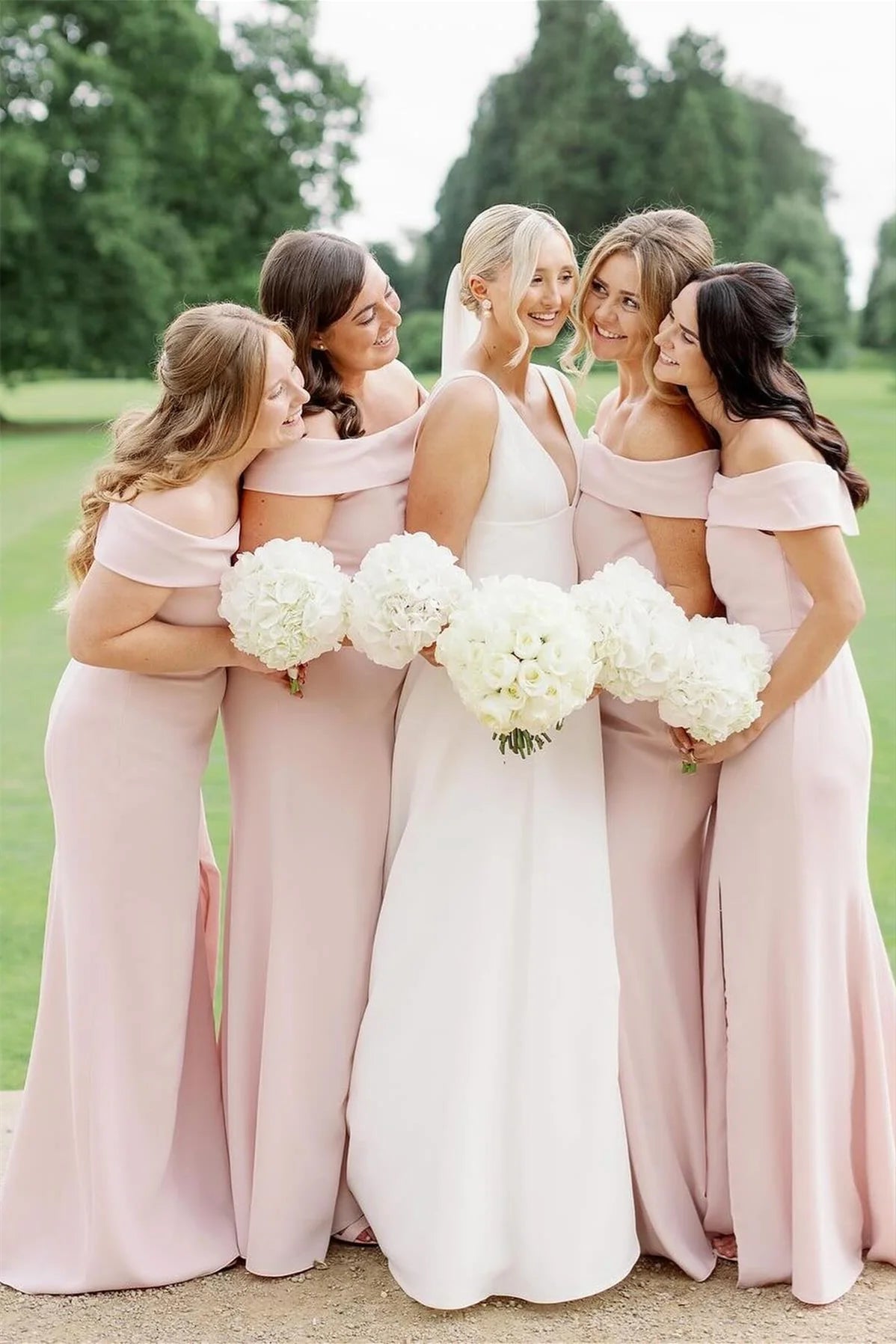 Elegant Mermaid Off the Shoulder Light Pink Satin Bridesmaid Dress SH6572