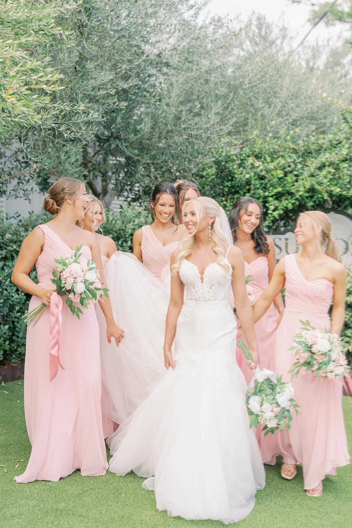 One Shoulder Pink Ruched Chiffon Long Bridesmaid Dress SH6560