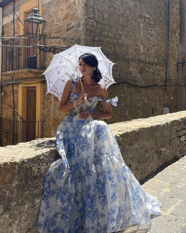 Elegant Floral Print Chiffon Long Prom Dresses Evening Dresses SH675